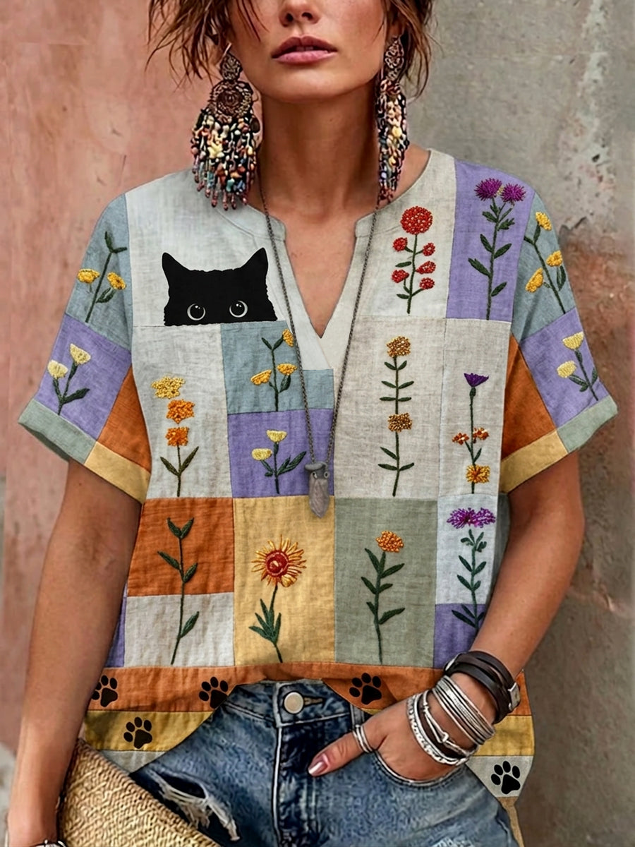 Kvinnors Retro Floral katt Print Casual V-Hack skjjorta