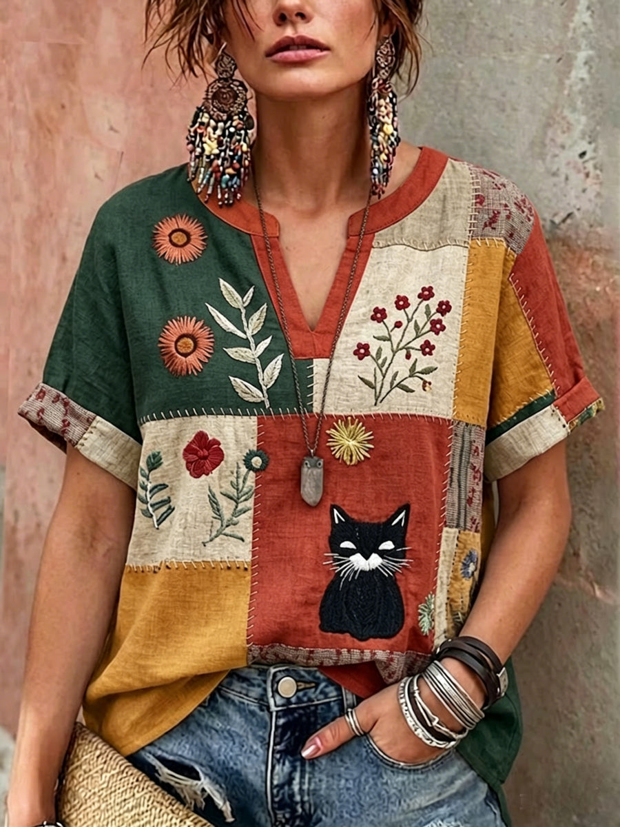 Dams retro blommig kattmönstrad casual tröja med V-ringning