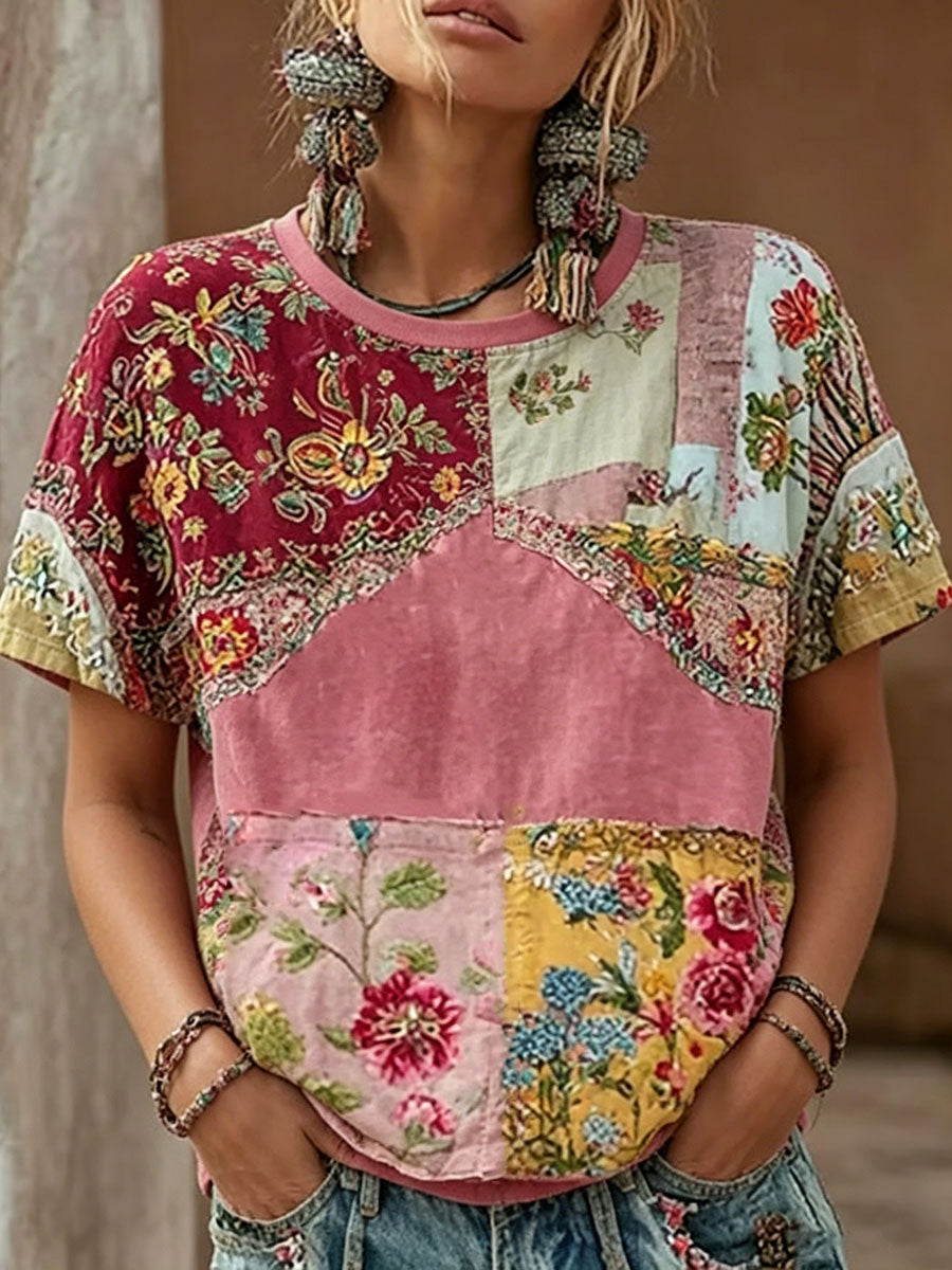 Dams rosa casual t-shirt med blommönster