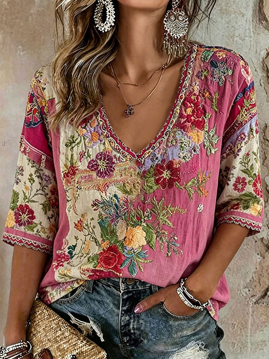 Dams rosa casual t-shirt med blommönster