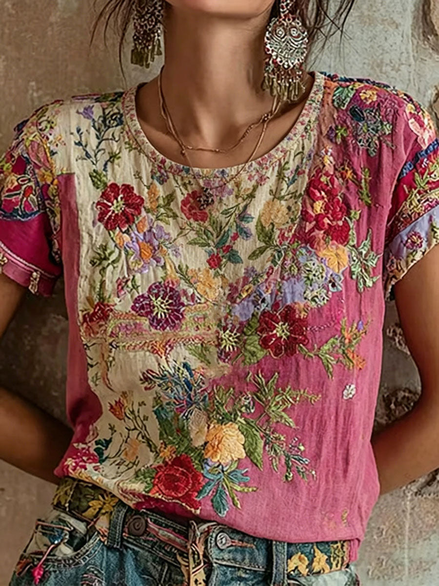 Dams rosa casual t-shirt med blommönster