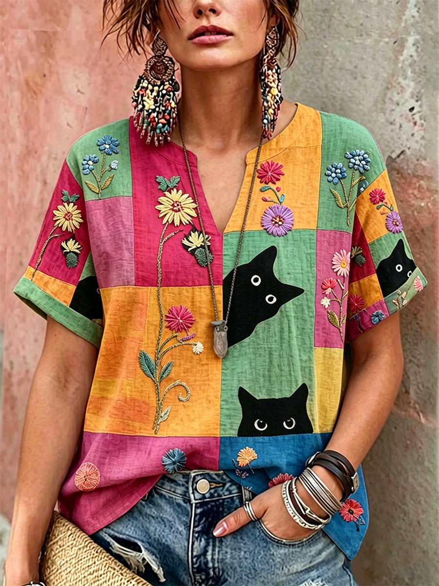Kvinnors Retro blomsterkatter Skriv ut Casual tröja