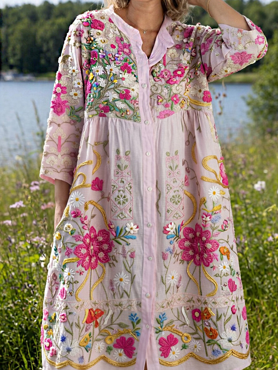 Damsvintage midsommarblommig konsttryckt ledig klänning i bomull-linntyg