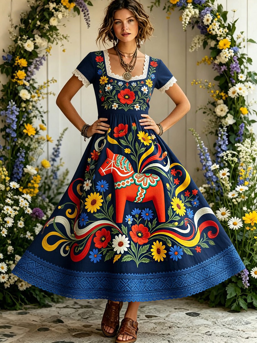 Damsvintage midsommarblommig konsttryckt ledig klänning i bomull-linntyg