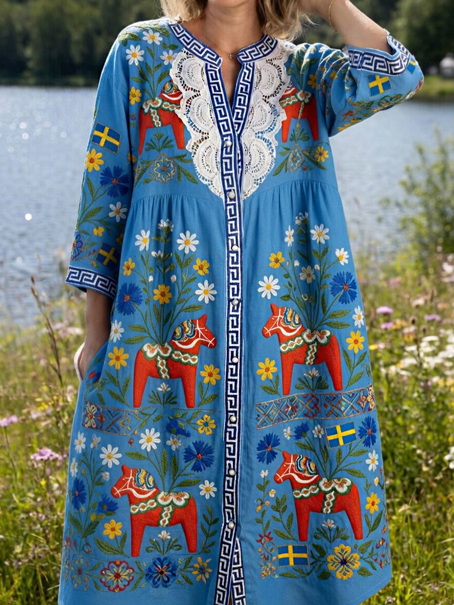Damsvintage midsommarblommig konsttryckt ledig klänning i bomull-linntyg