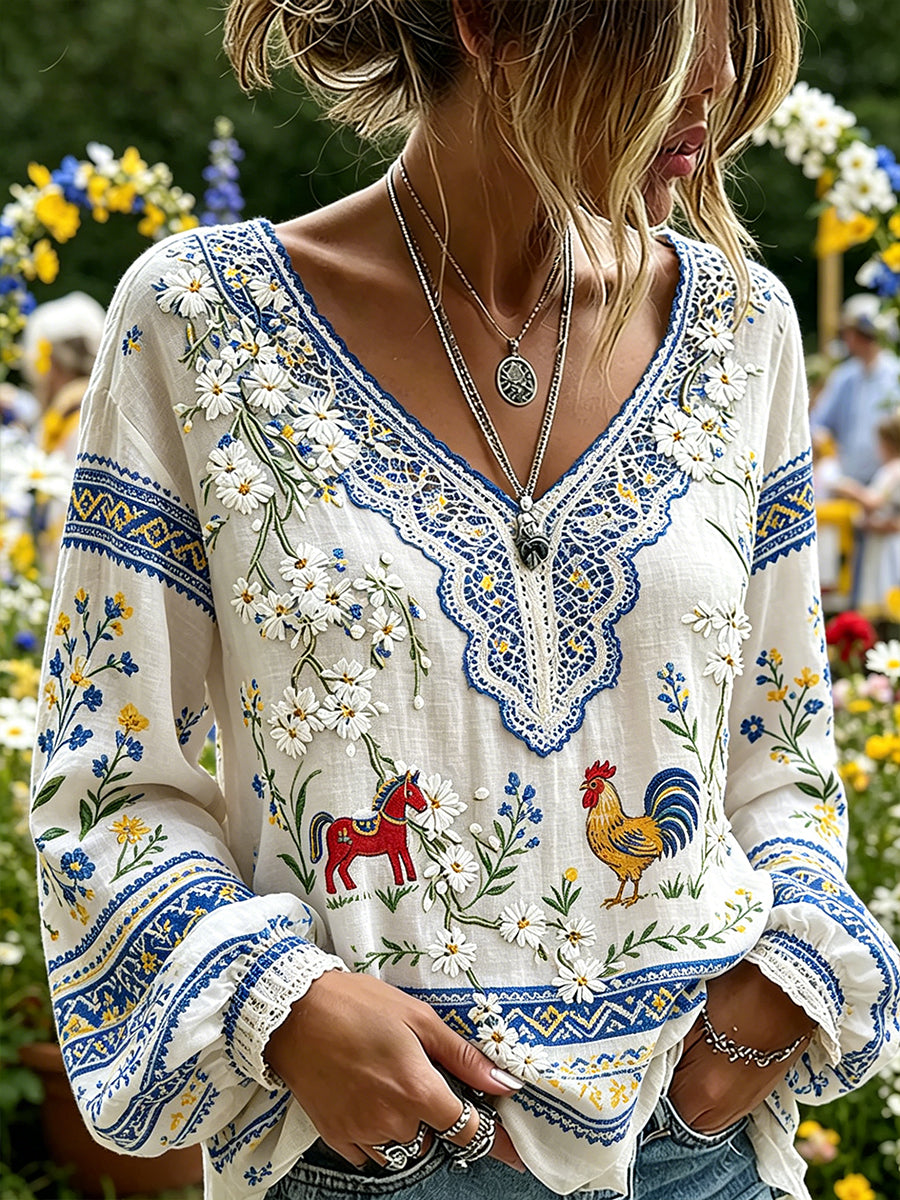 Dams Midsummer blommönstrad pastoral topp med V-ringning