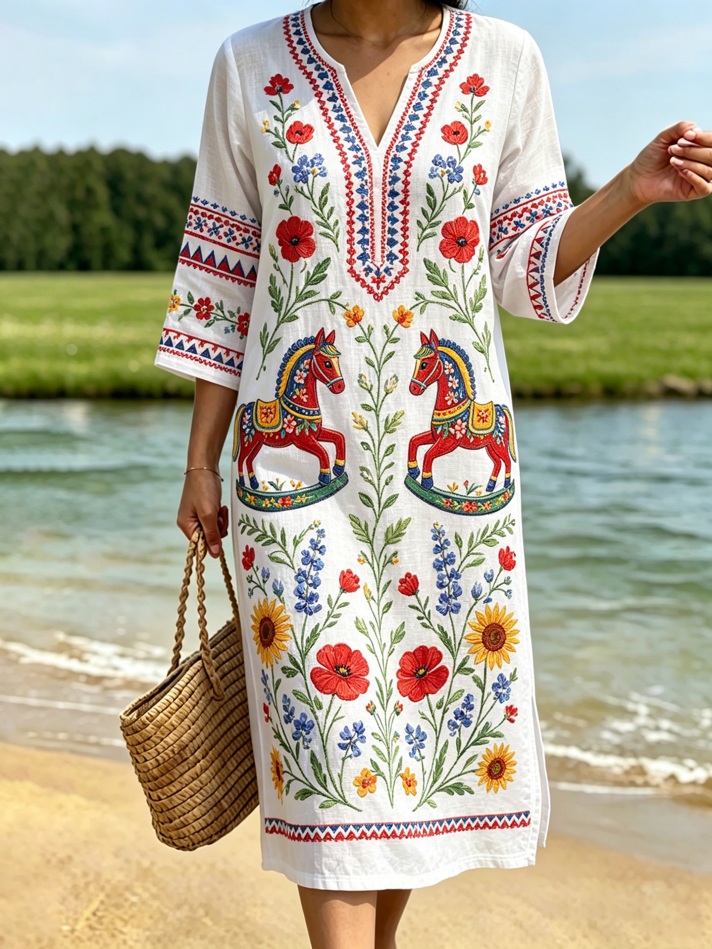 Dams retro svensk midsommarfolkstil blommig klänning i bomull-linne