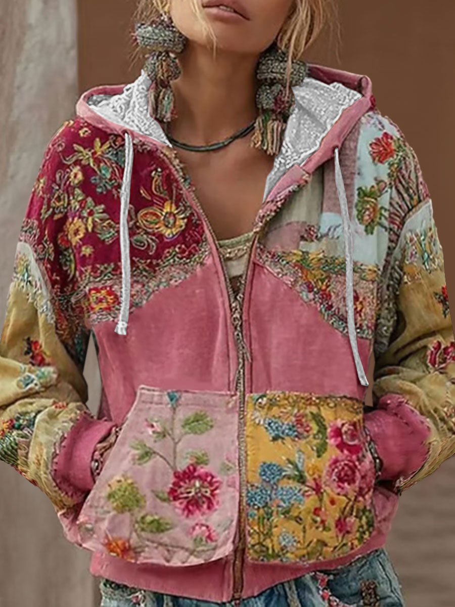 Kvinnors rosa blomstertryck Casual zip-upp