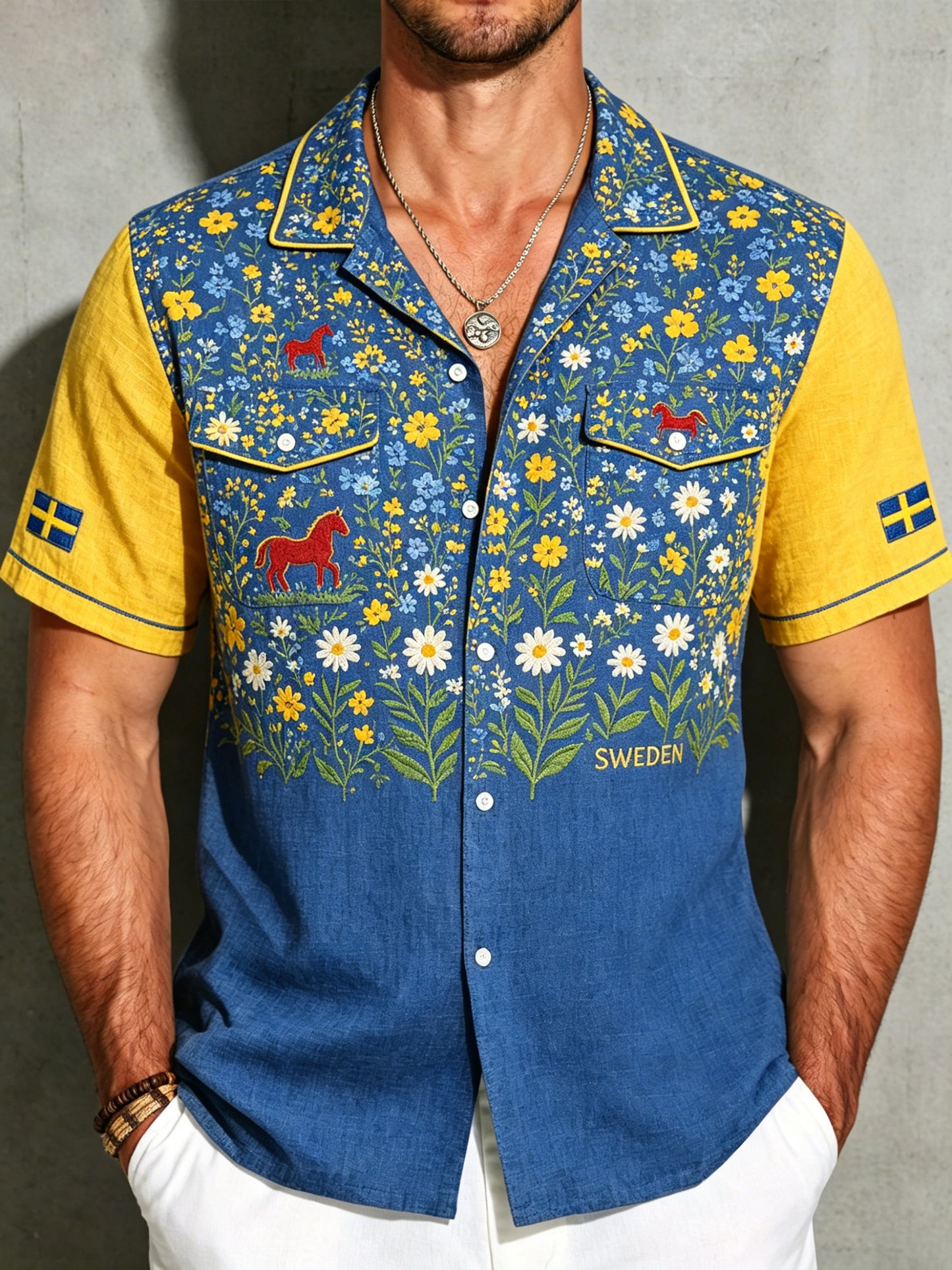 Mäns midsommar Floral Print bomull-Linen tröj
