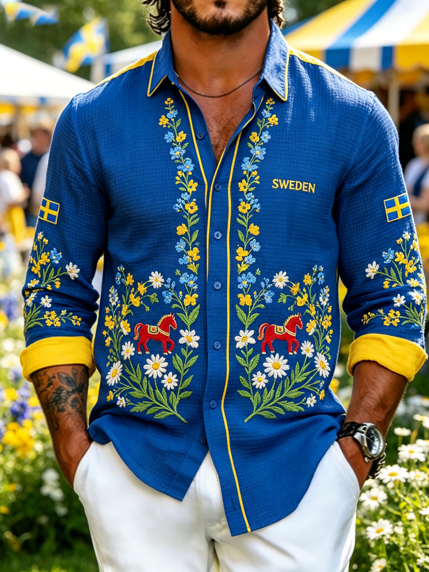 Mäns midsommar Floral Print Våffle-Textured långärmskjort