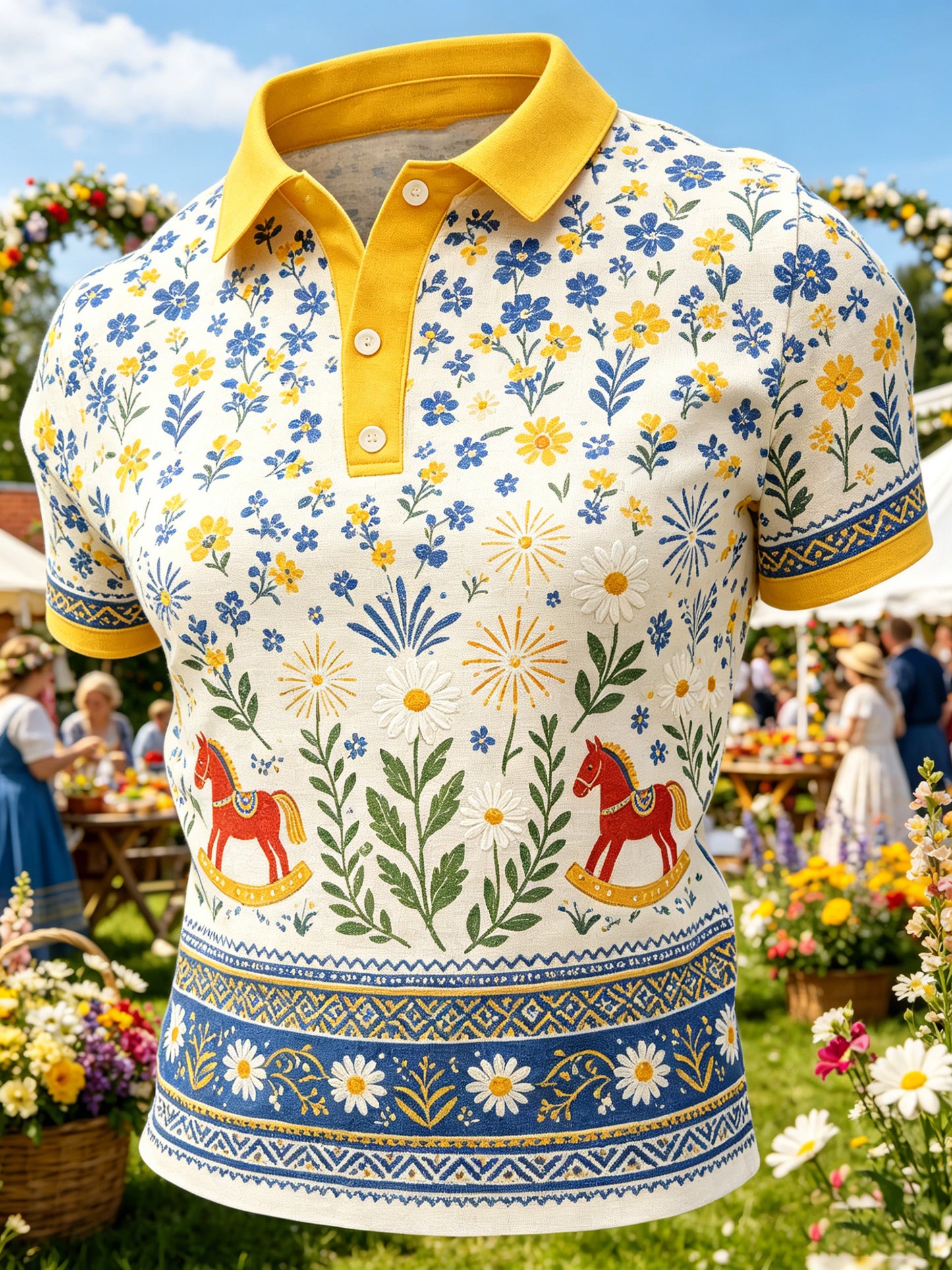 Herrpolotröja med konsttryck som hyllar den svenska midsommarfesten