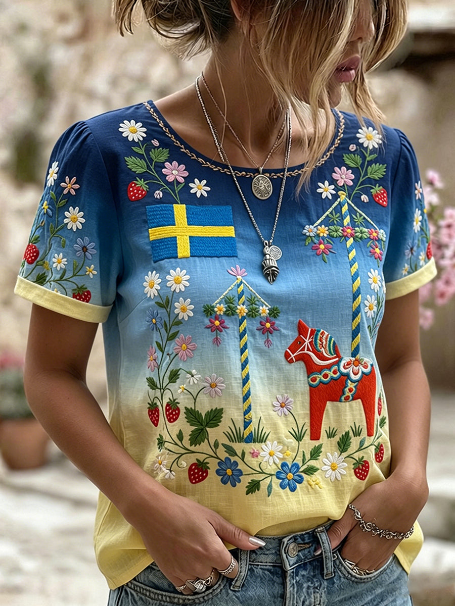 Retro midsommarfest konsttryck avslappnad t-shirt
