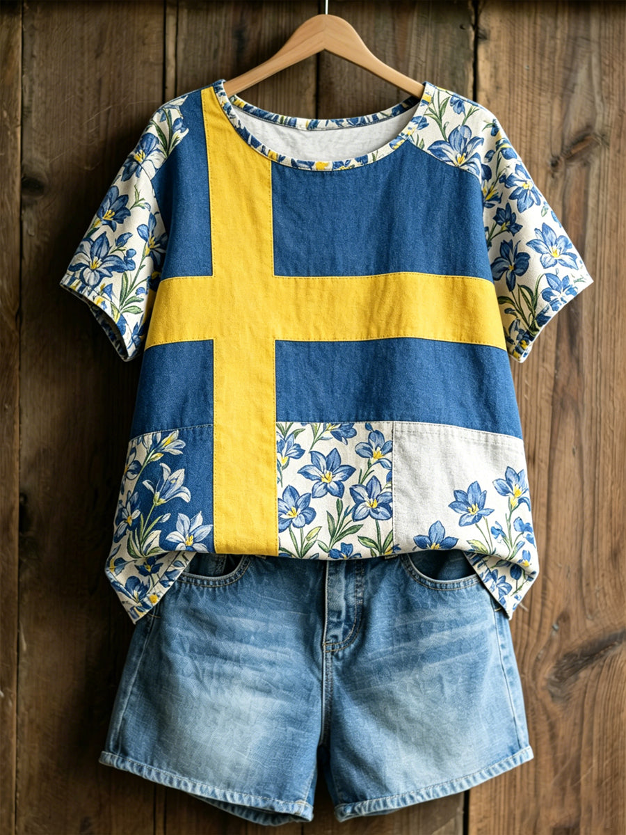 Dams ökade tröja med svensk text om växter och blommor, avslappnad stil