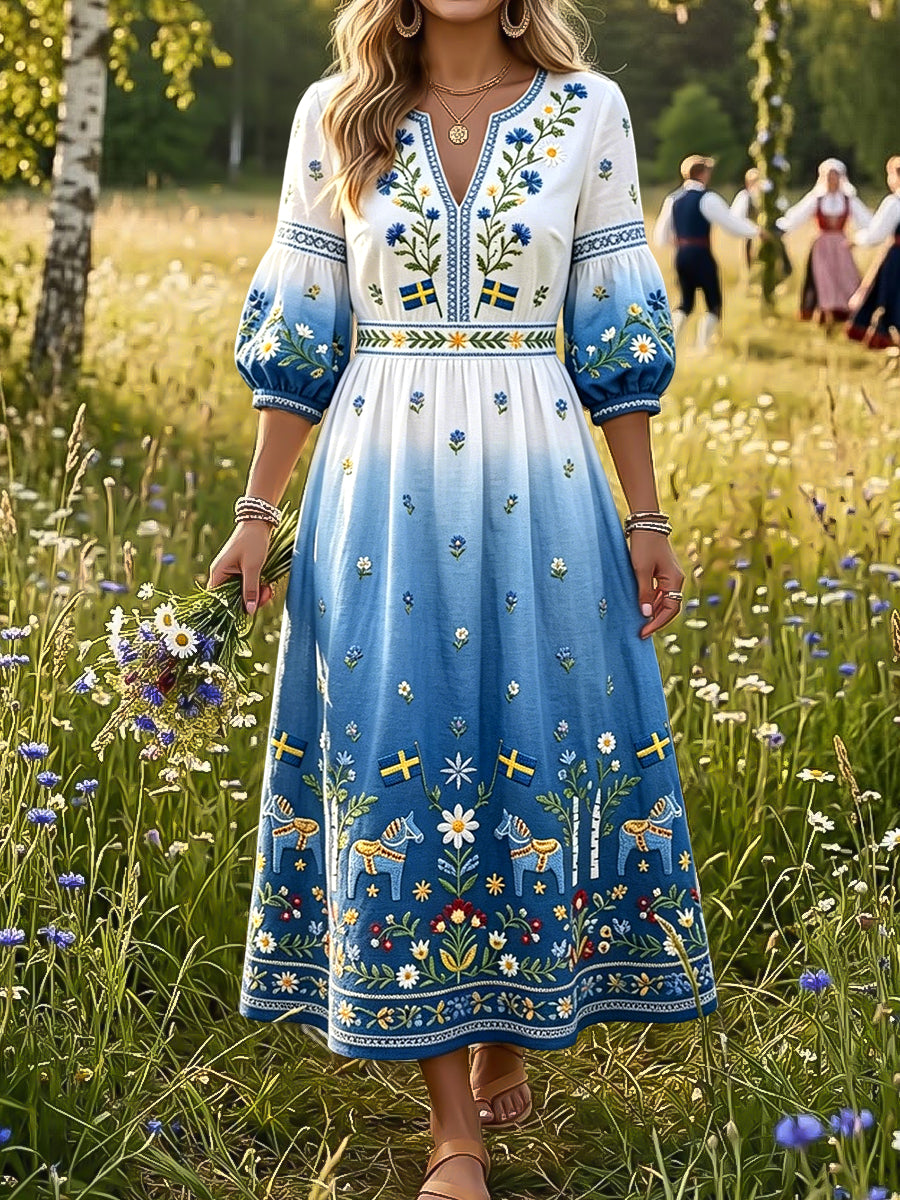Dams Retro Midsommar Blommig Karusell Färgförändrande Konst V-Ärm Klänning