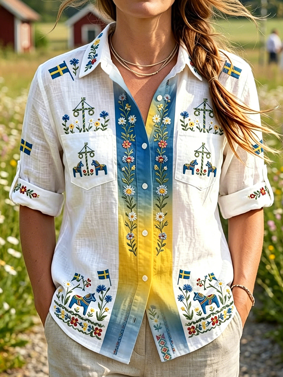 Dams vintage svensk midsommarblommig konstlångärmad casualblus