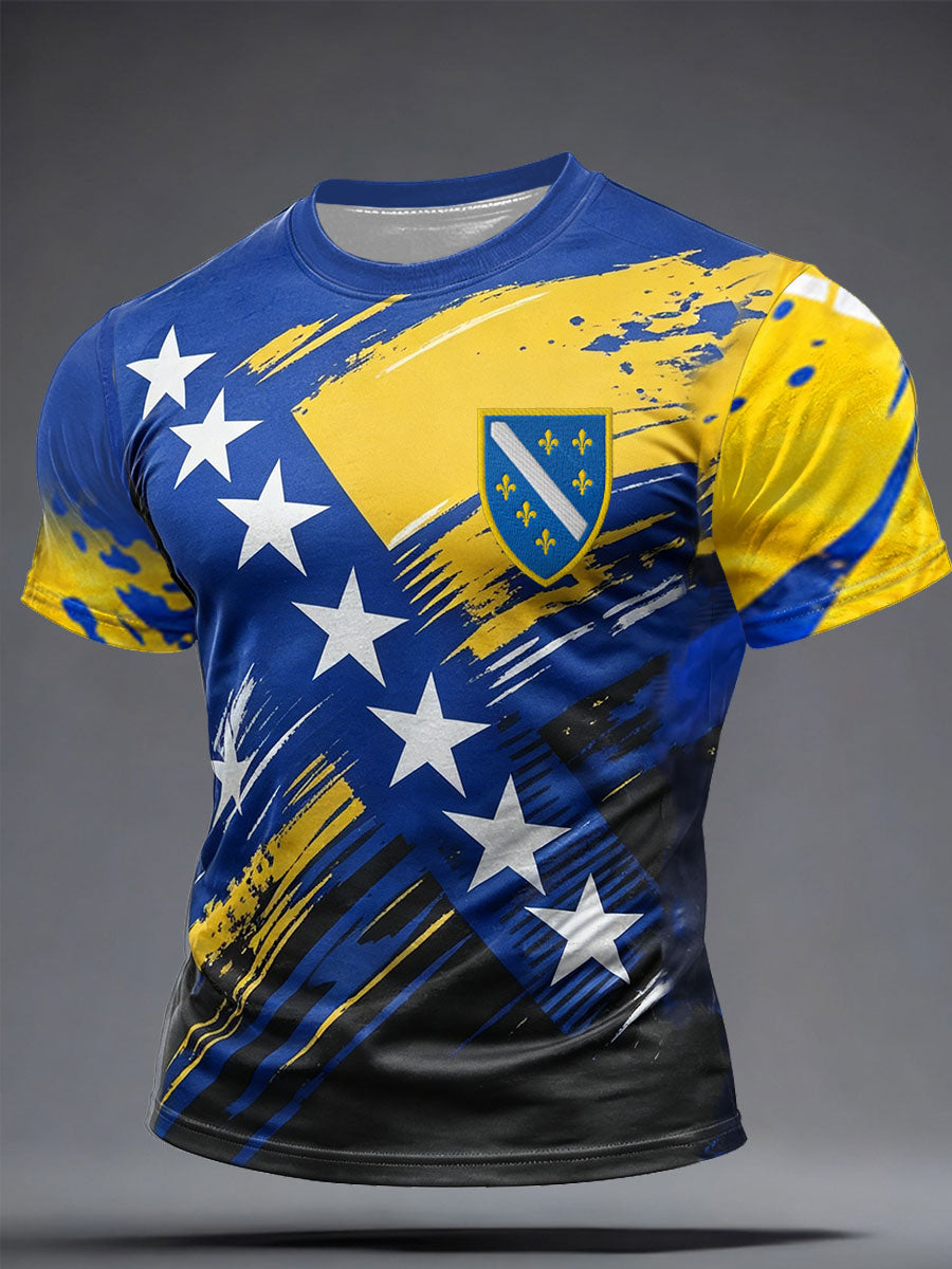 Herrtröja med Bosnien- och sportmotiv, tryckt konst