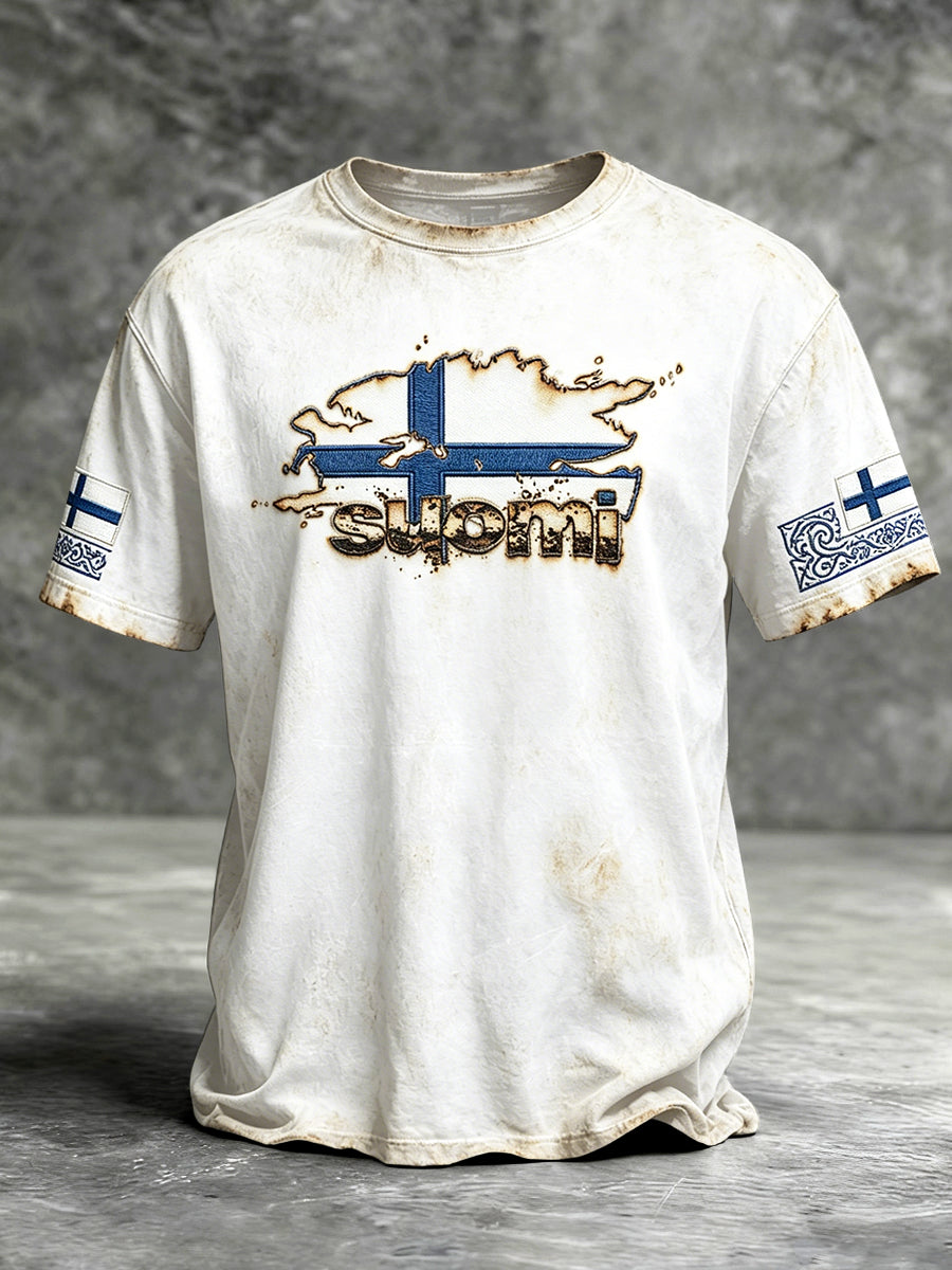 Mäns Vita Suomi Vintage Print Casual T-shirt