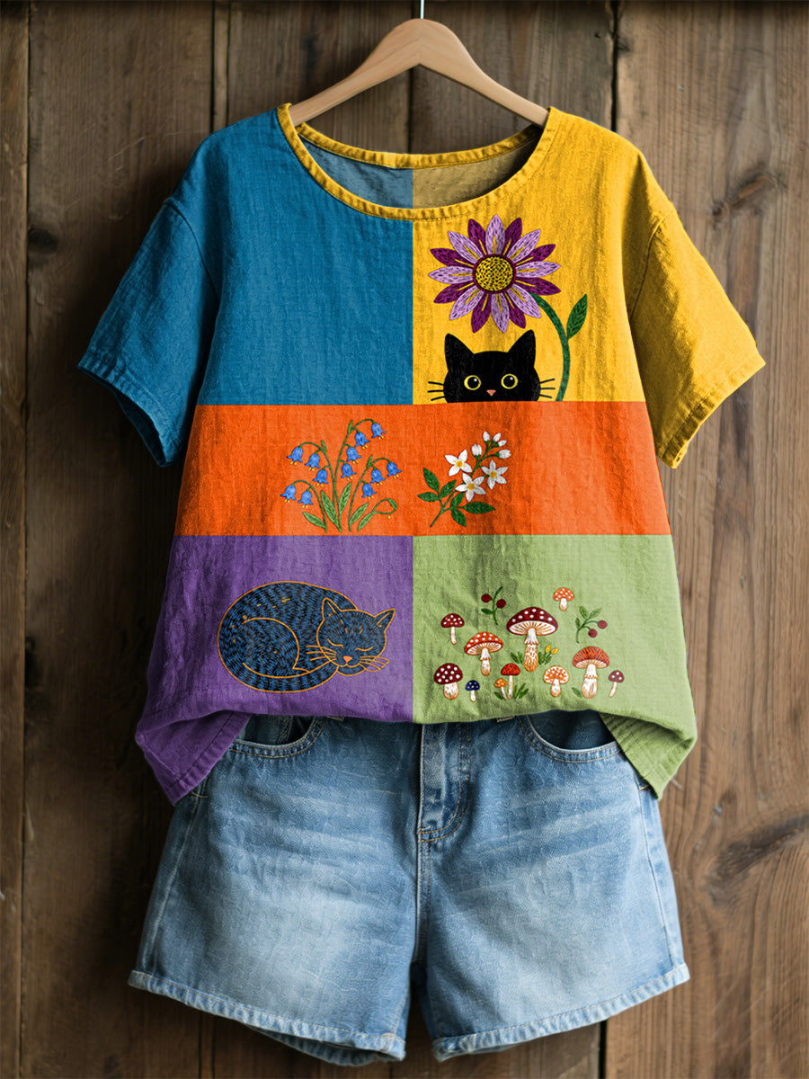 Dams retro blommig kattmönstrad casual t-shirt