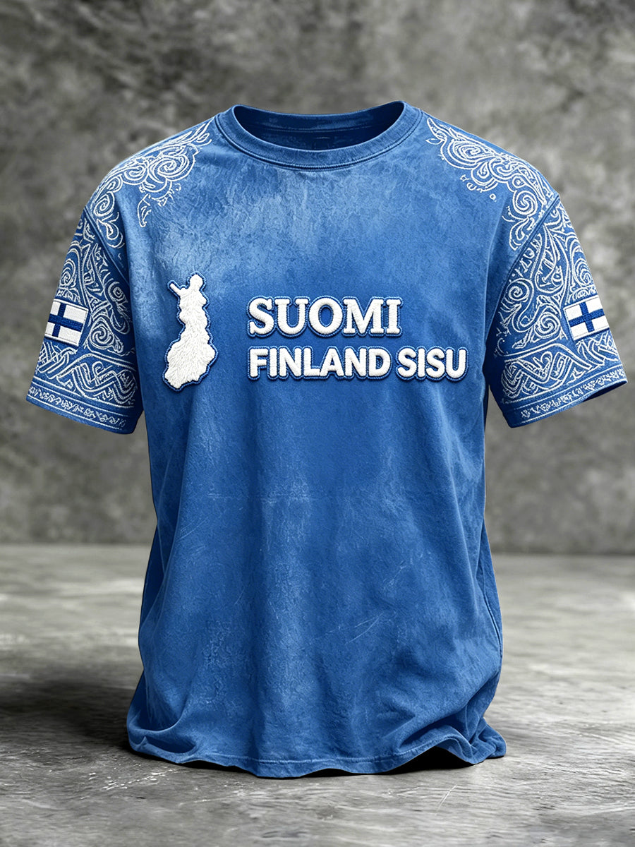 Mäns blå finska Suomi Vintage Print Casual T-shirt