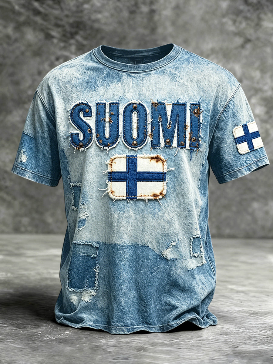 Herrens Finland Suomi Denim-Effect Patchwork Print Casual T-shirt