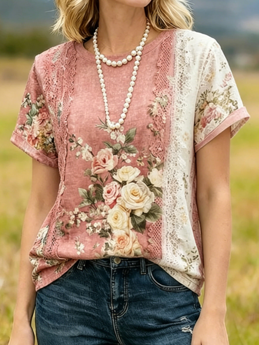 Damens Vintage Floral Print Lace Lace linne kortärmad T-shirt