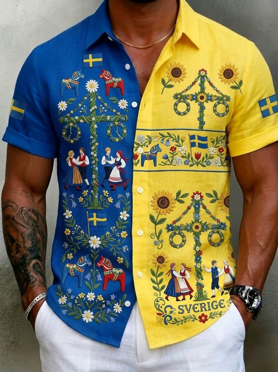 Herrretro svensk midsommarfolkaldrigblommig bomull-linne skjorta med korta ärmarna
