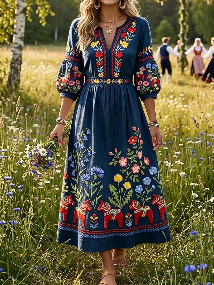 Kvinnors Vintage Svenska Rocking Häst majsblomma Floral V-hals klänning