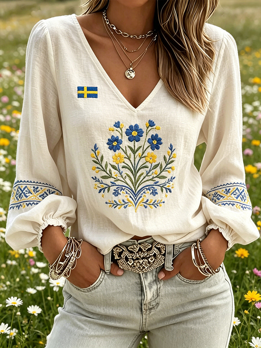 Kvinnors midsommar-tema blomster Print V-hals Puff-ärm topp