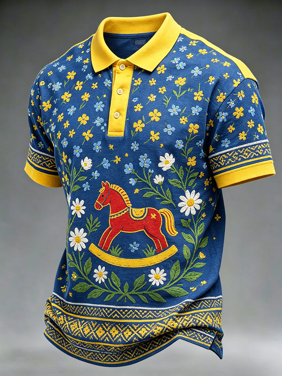 Herrpolskjorta med midsommarblommönster