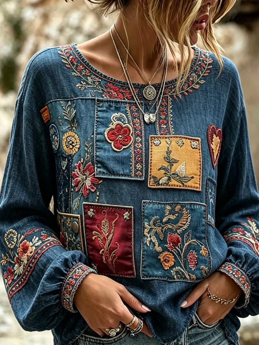 Dams vintage blommig konsttryckt casual topp i bomull-linne