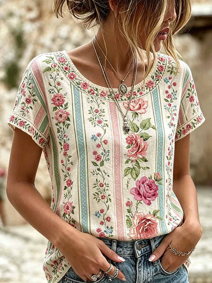 Dams vintage blommig konsttryckt casual topp