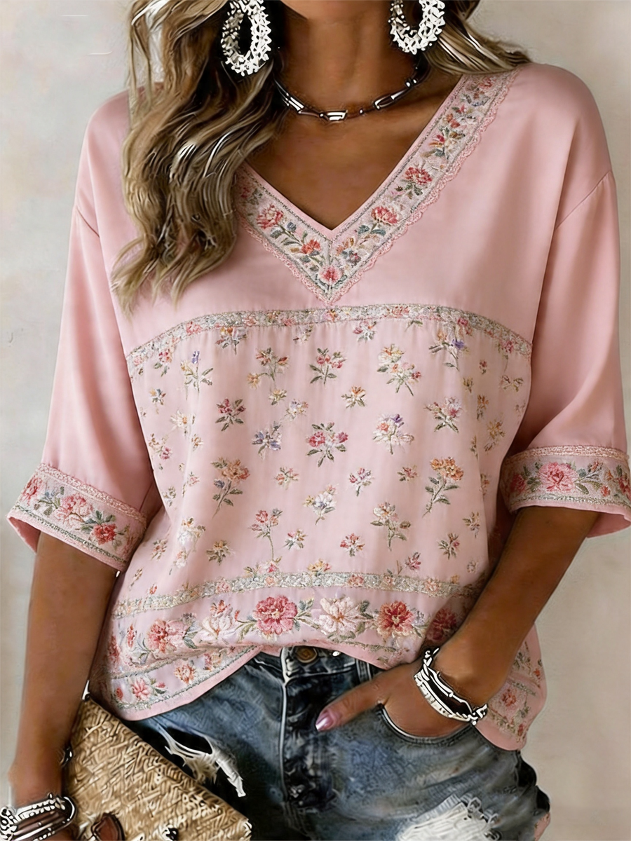 Kvinnors rosa blommiga tryck mitt-ängde ärmar V-hals T-shirt