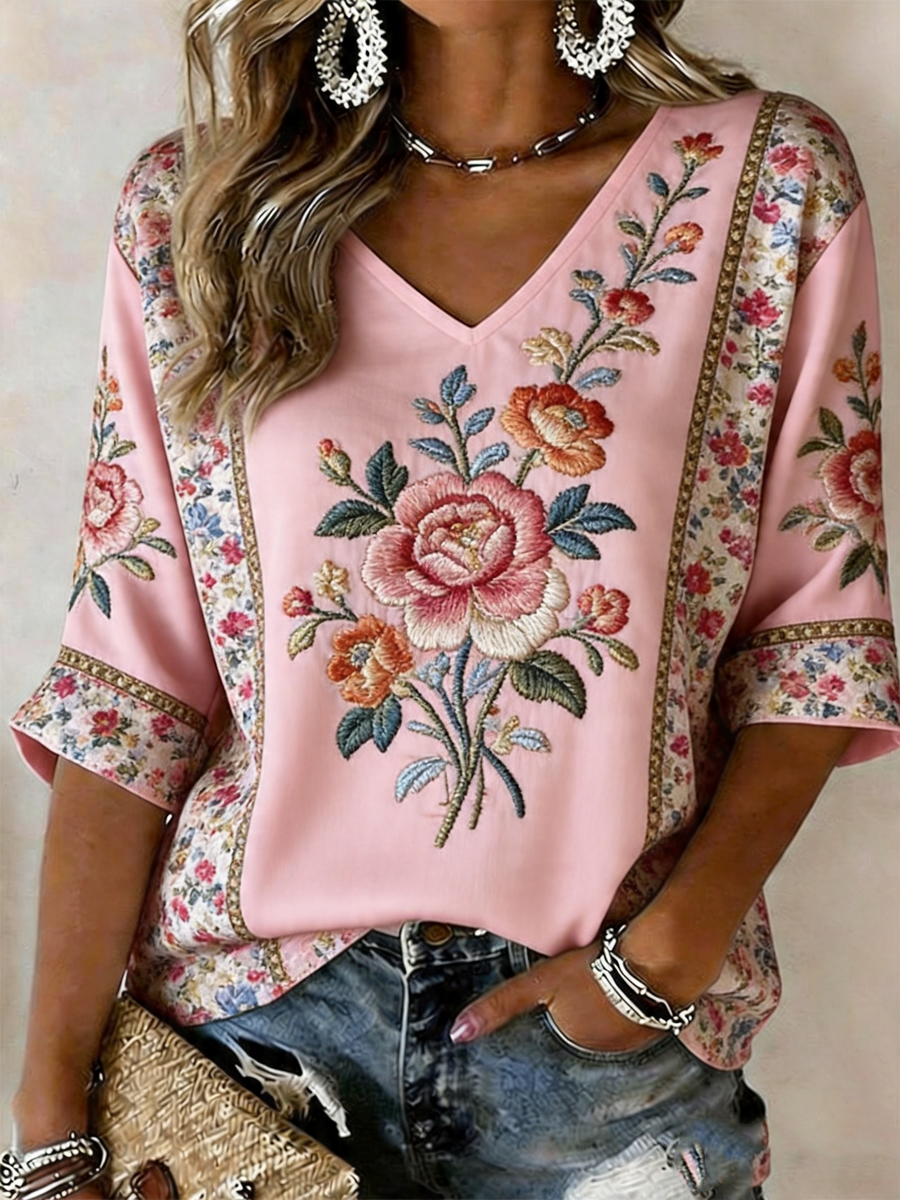 Dams rosa linne-T-shirt med blommönster och korta ärmar