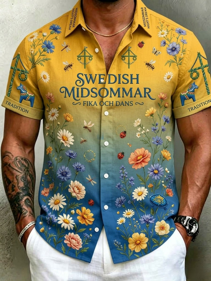 Herrretro svensk midsommarfolkaldrigblommig bomull-linne skjorta med korta ärmarna