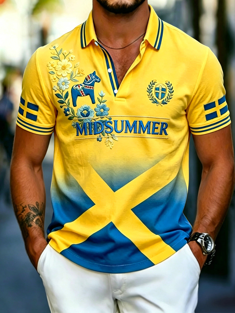 Herrretro svensk midsommarblommig casual polotröja