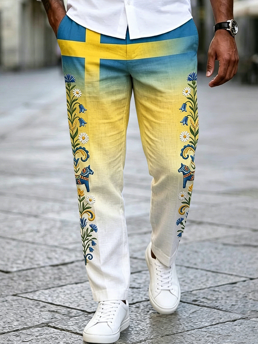 Herrretro svenska midsommargraderade fritidshängselbyxor