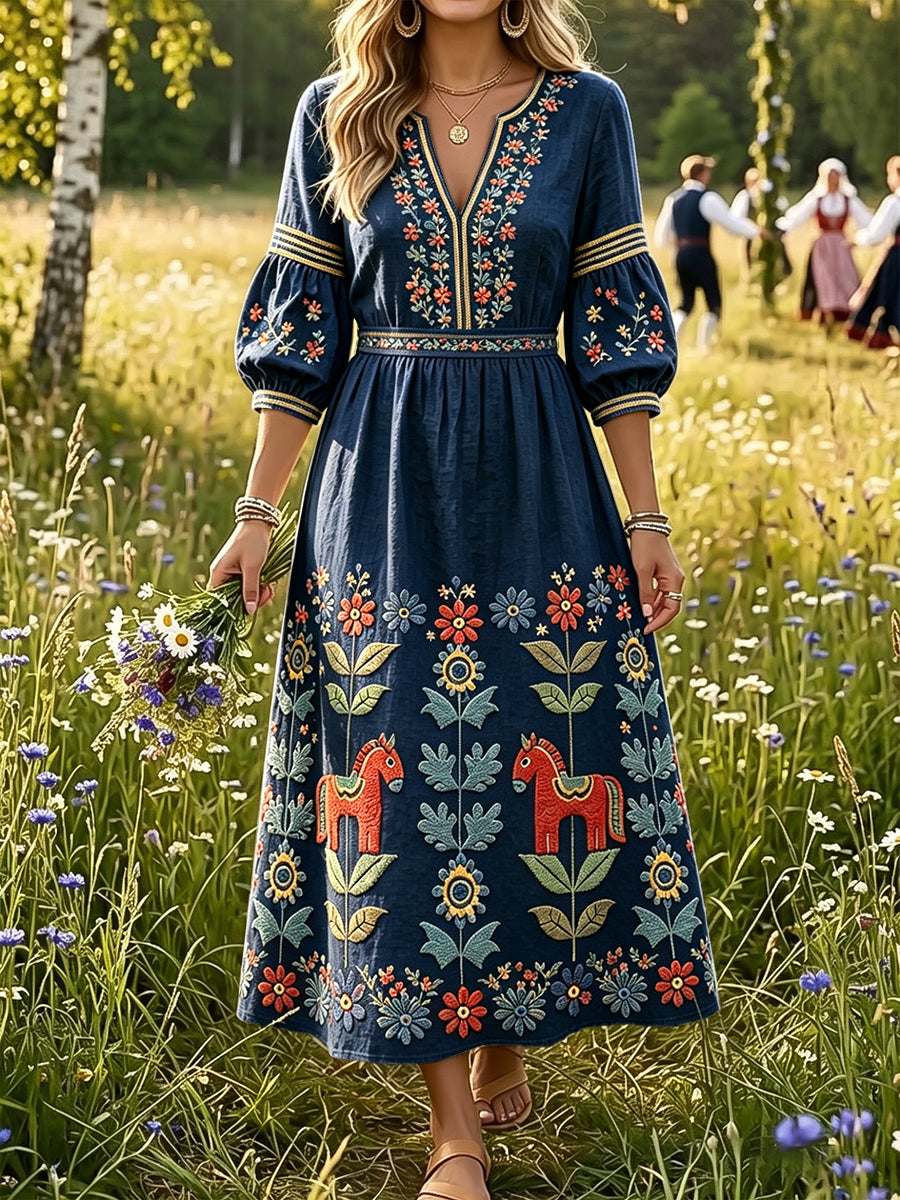 Kvinnors midsommar Dala Häst Skriv ut Djupblå bomull-Linen V-Hack klänning