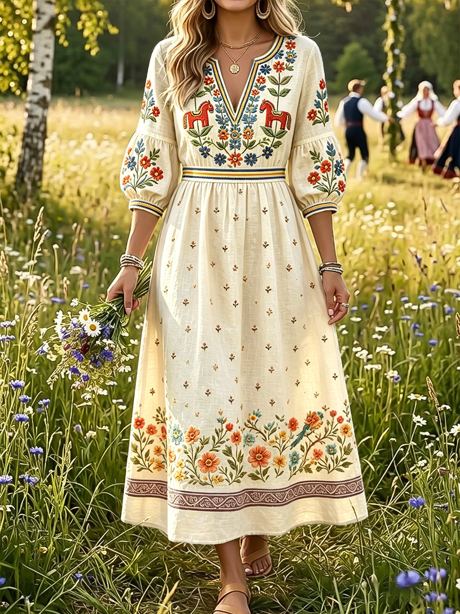 Kvinnors svensk midsommar Dala Häst Skriv ut Casual Fashion Bomull-Linen V-Hack klänning