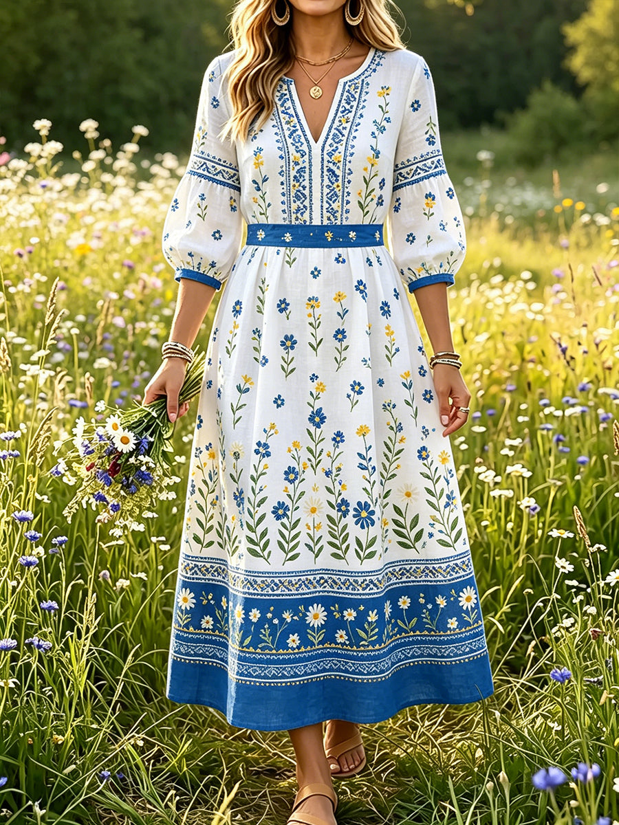 Damer Svensk midsommar Dalahästtryck Casual mode Bomull-linne V-ringning Klänning