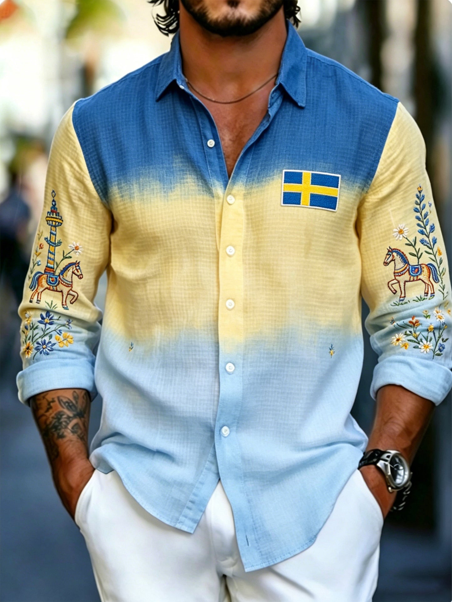 Herrtröja med långa ärmar och konstprint till minne av den svenska midsommarfesten