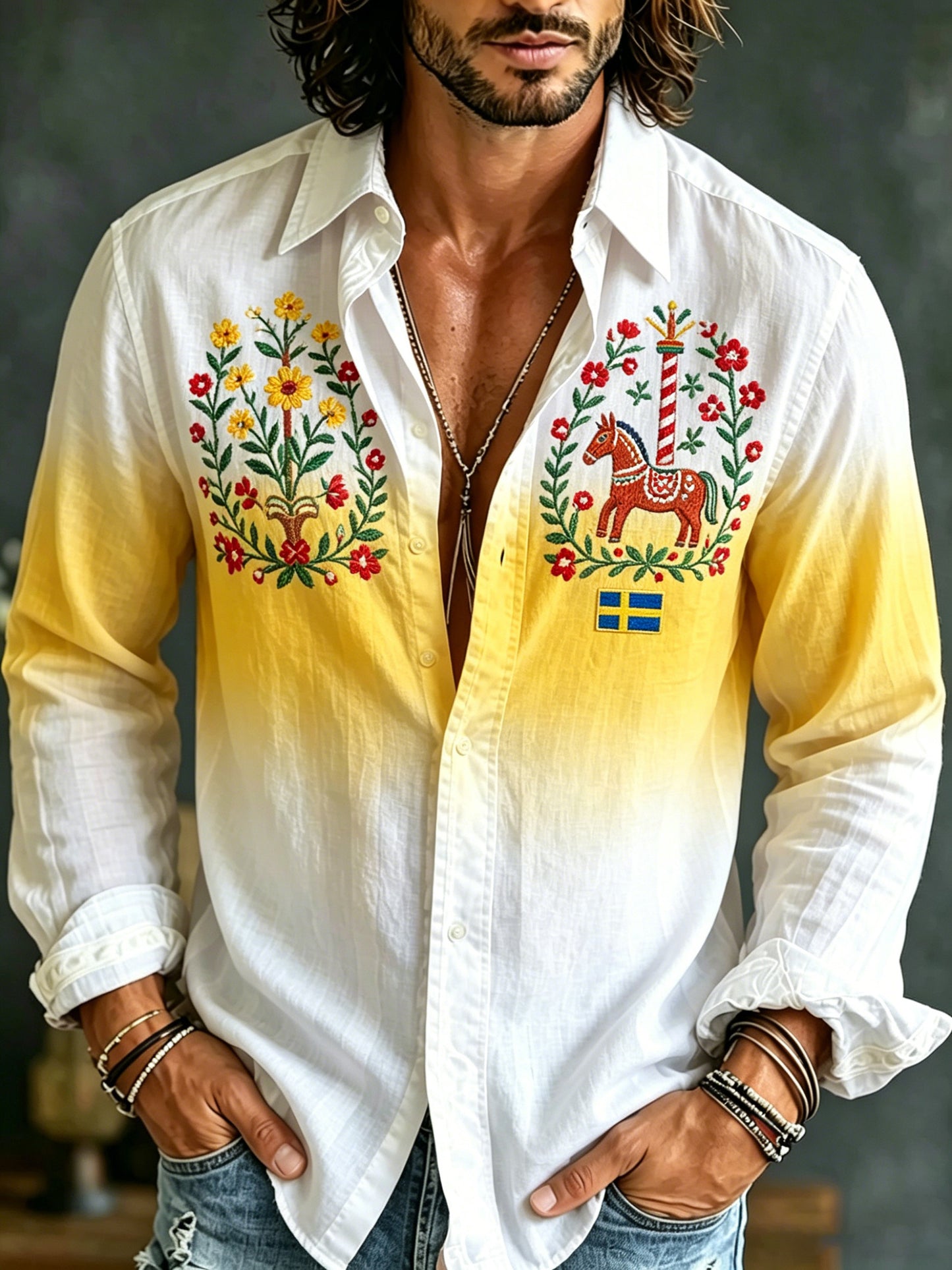 Herrtröja med långa ärmar och konstprint till minne av den svenska midsommarfesten