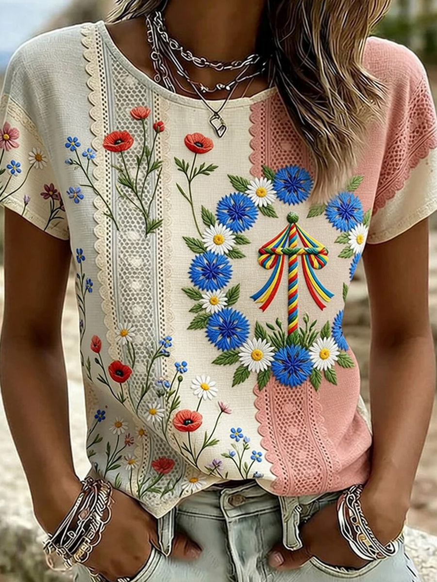 Retro midsommarfest konsttryck avslappnad t-shirt