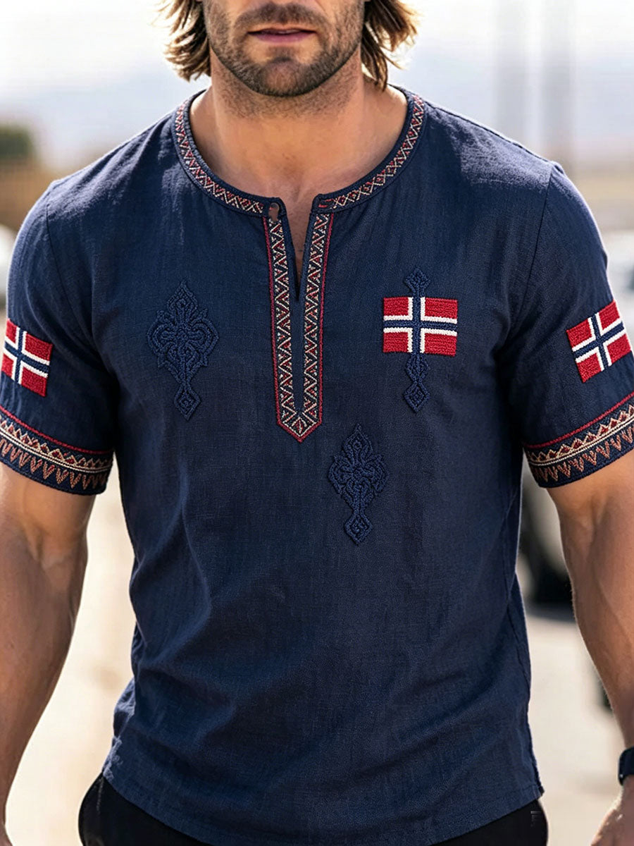 Herrtröja i skandinavisk stil med norsk konsttryck på linne