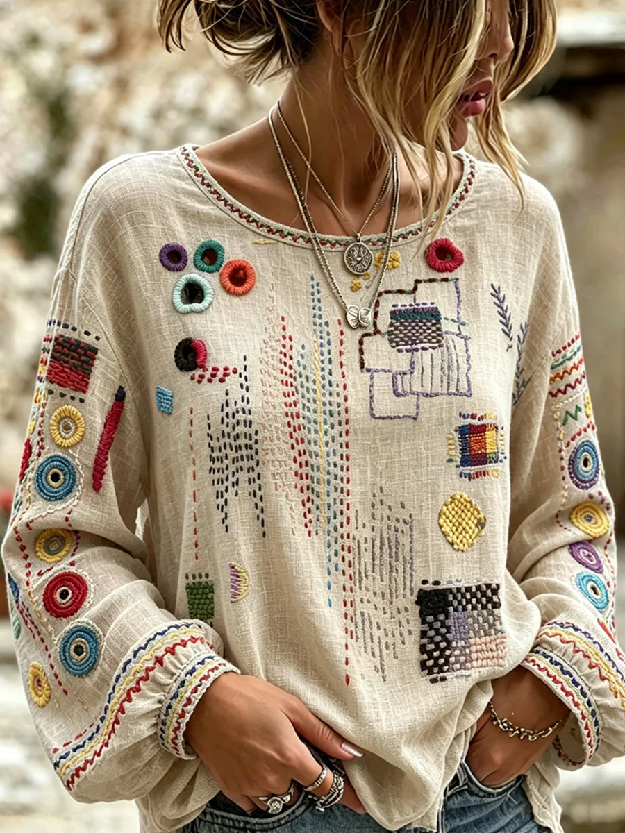 Dams vintage blommig konsttryckt casual topp i bomull-linne