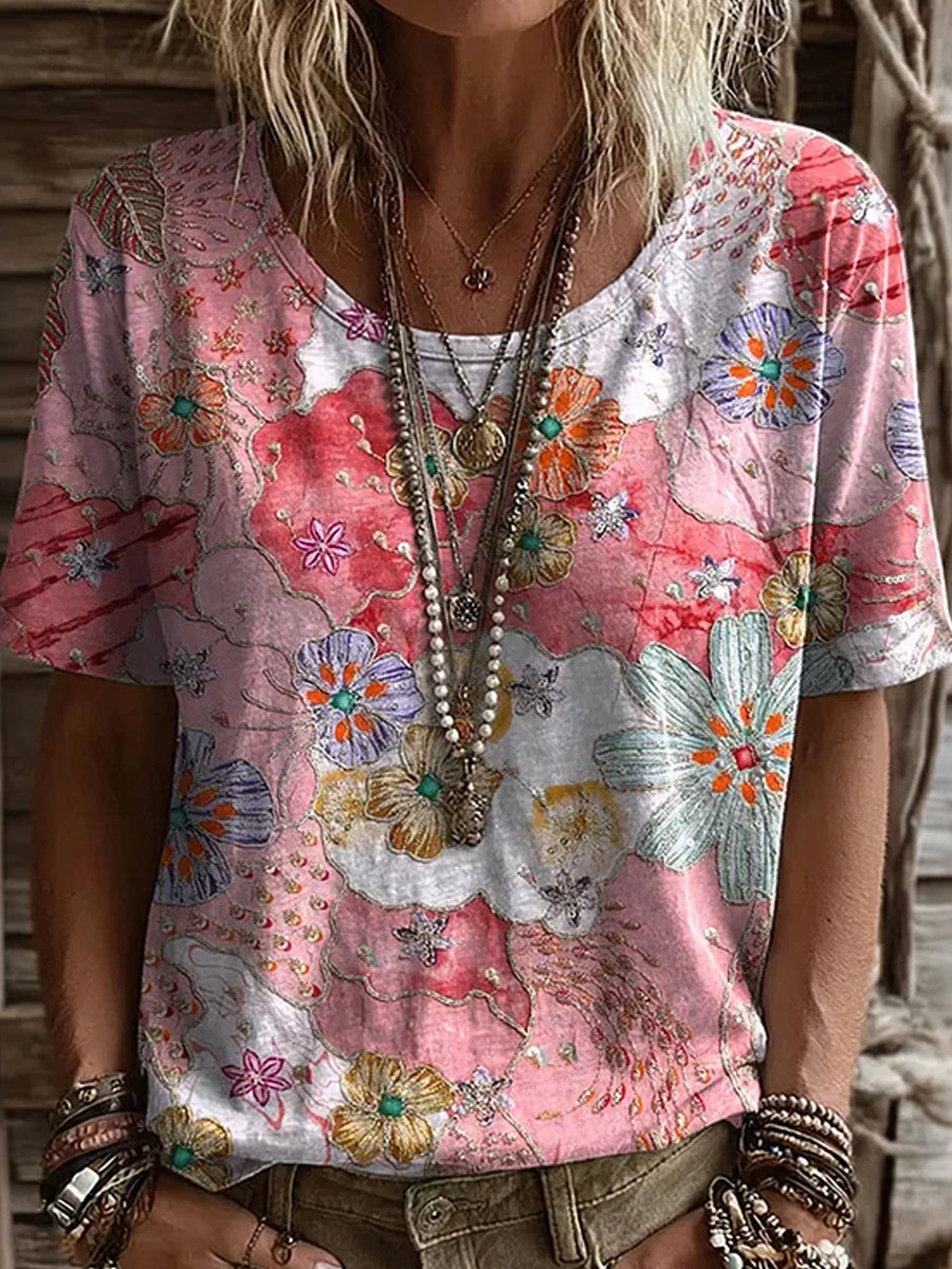 Damsvintag t-shirt med blommigt konsttryck och bekväm passform