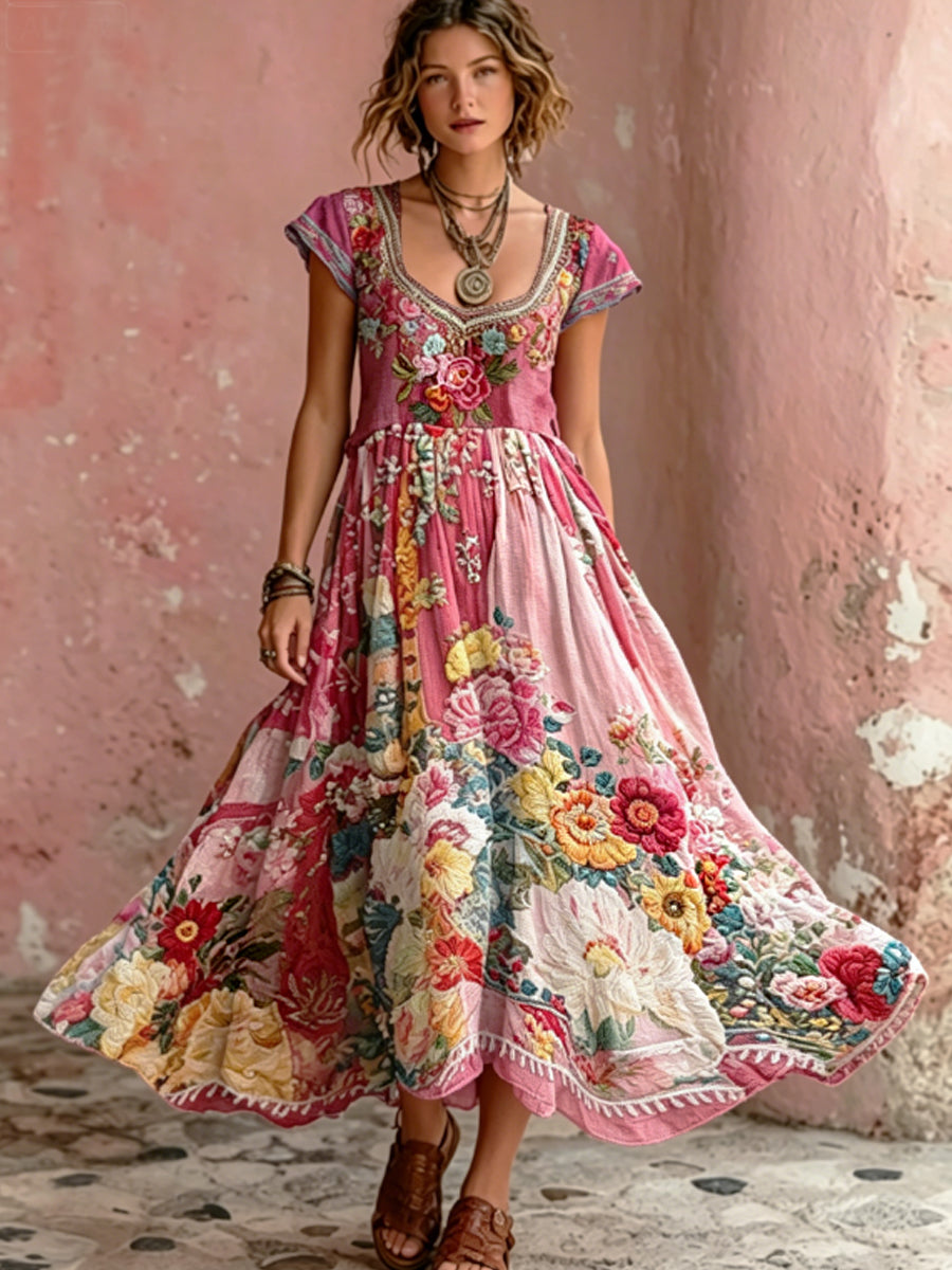 Damskjorta i bohemisk stil med blommig broderi, rund halsringning och korta ärmar, maxiklänning