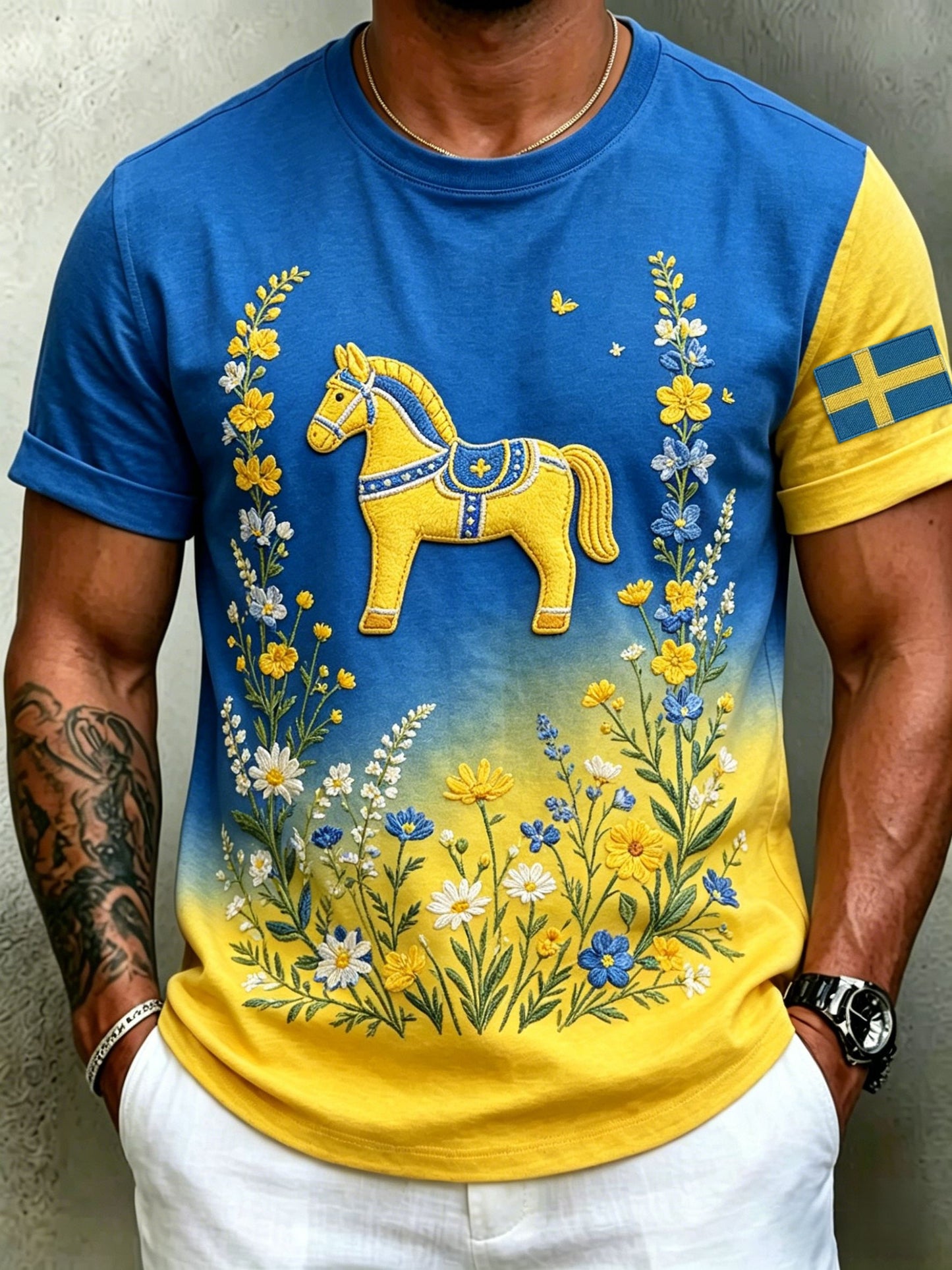 Herr Retro Svenska midsommar Folkblommis Kort ärm T-shirt