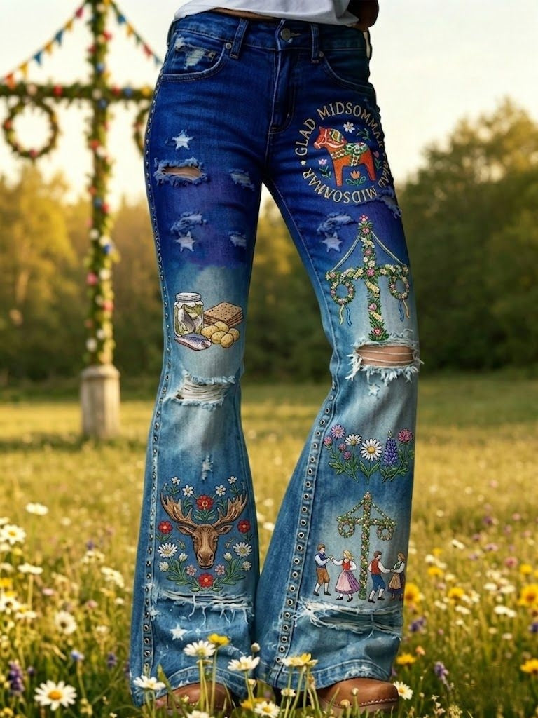 Kvinnor Retro Svenska midsommar Folk Floral Tryck Fladerade byxor