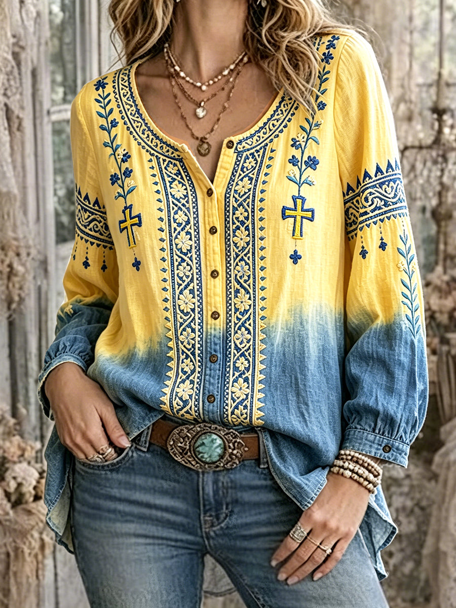 Kvinnors midsommar Dala Häst Gradient Skriv ut Casual Bomull-Linen skjorta