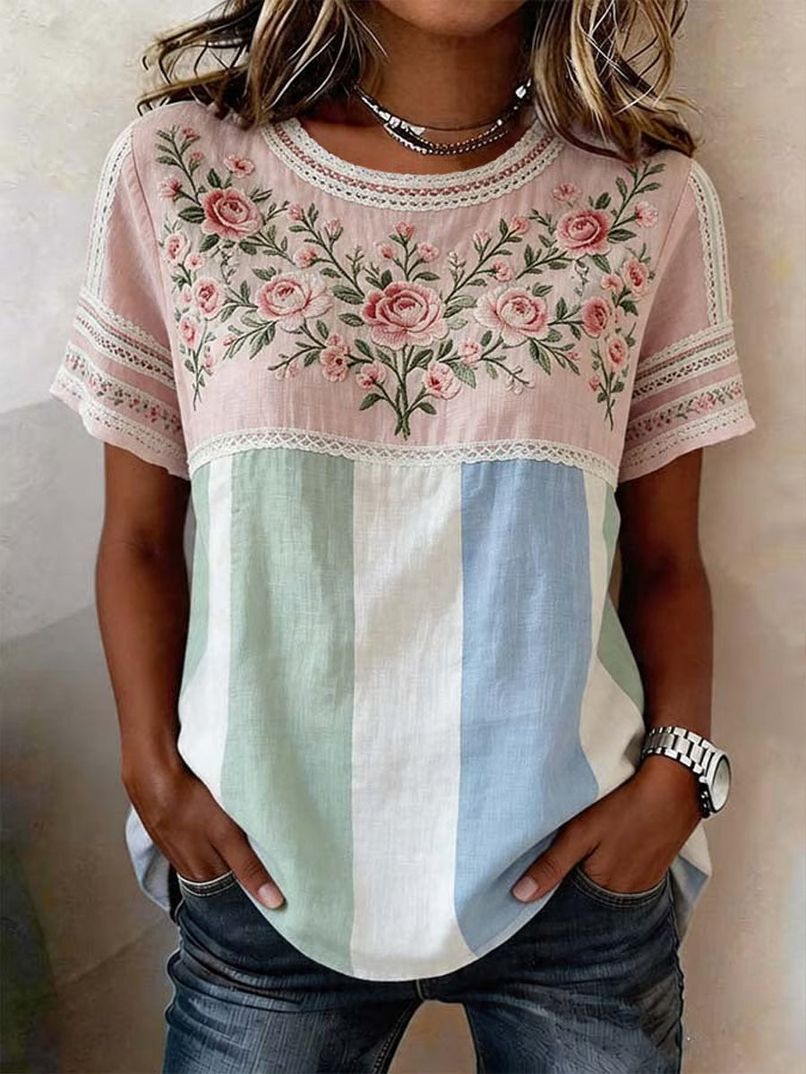 Kvinnors Retro-stil färgglada blomsterlappning Casual bomull-Linen T-shirt